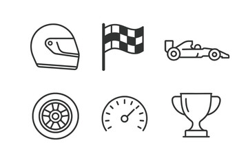 Racing icons: helmet, checkered flag, speedometer, race car, wheel, trophy