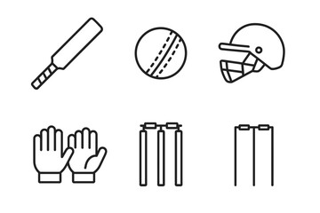 Cricket equipment icon set: bat, ball, helmet, gloves, stumps