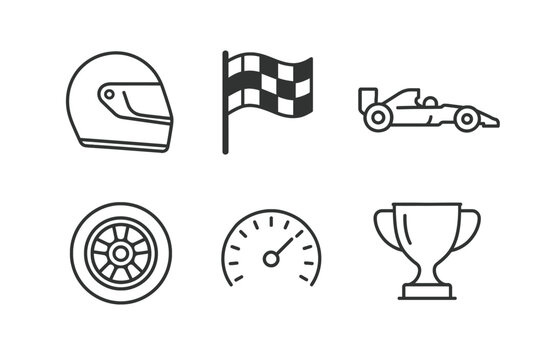 Racing icons: helmet, checkered flag, speedometer, race car, wheel, trophy