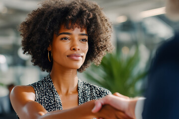 Fototapeta premium Confident woman shaking hands in a bright modern office, symbolizing trust, leadership, and professionalism in business or workplace collaboration