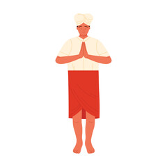 Isolated Balinese man in traditional clothing performing respectful greeting gesture vector illustration