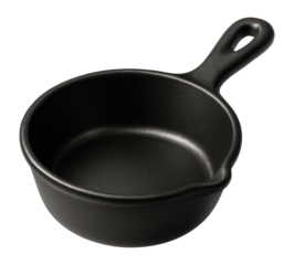 A heat-retaining cast iron sauce dish, ideal for serving hot cheese during fondue nights.