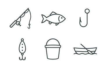 Simple fishing icon set featuring rod, fish, hook, lure, bucket, and boat
