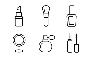 Minimalist outline icons of lipstick, brush, nail polish, mirror, perfume, mascara