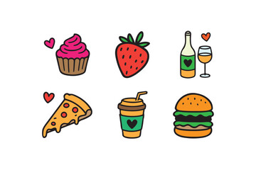 Cute Doodle Food and Drink Valentine Elements Vector Icon Illustration on White Background.