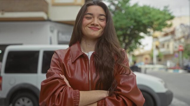 Woman wearing brown leather jacket with arms crossed on city street under overcast sky beside parked van; defiance.