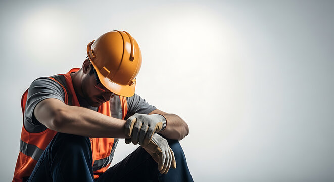 Burned out worker in hard hat and safety vest, sitting with head bowed, representing job stress and fatigue. - Powered by Adobe