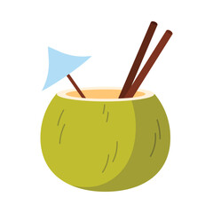 Tropical Indonesian coconut drink with straws and umbrella on white isolated background vector illustration