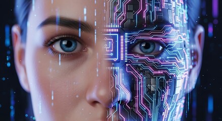 Humanoid AI Face with Circuit Board Overlay and Glowing Elements.
