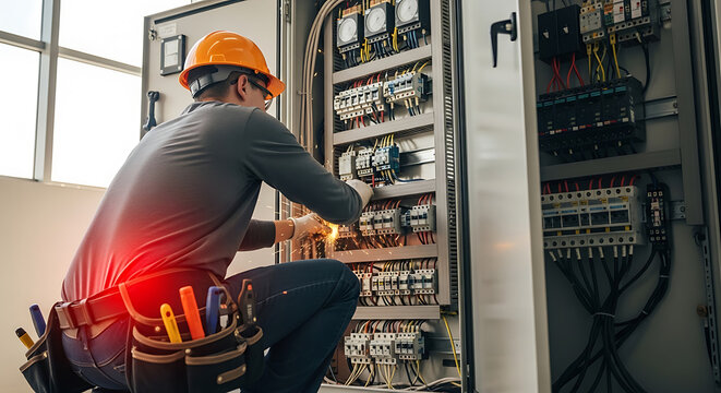 Skilled electrician working on industrial electrical control panel, wearing safety helmet and tool belt, performing maintenance