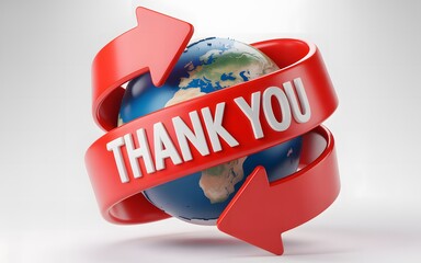 Red ribbon with thank you text wrapped around planet earth globe
