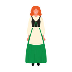 Red-haired Irish woman wearing green traditional folk dress and apron, standing isolated on white vector illustration