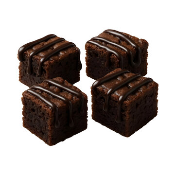 Brownie bite cubes with chocolate drizzle isolated on transparent background.