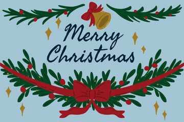 Merry Christmas greeting card with bell and green garland decoration