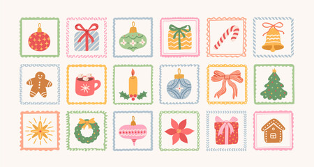 Set of Christmas hand drawn cute doodle elements in decorative frames. Christmas tree, gift, star, bow, candy cane, baubles, cacao, wreath, poinsettia, holly. Holiday retro vector icons and stickers.