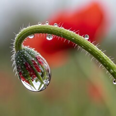 Obraz premium Vibrant red poppy flower bud with delicate water drops on a green stem.