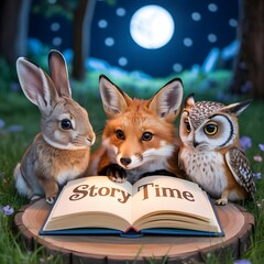 Woodland friends gather for a magical story time under the moon
