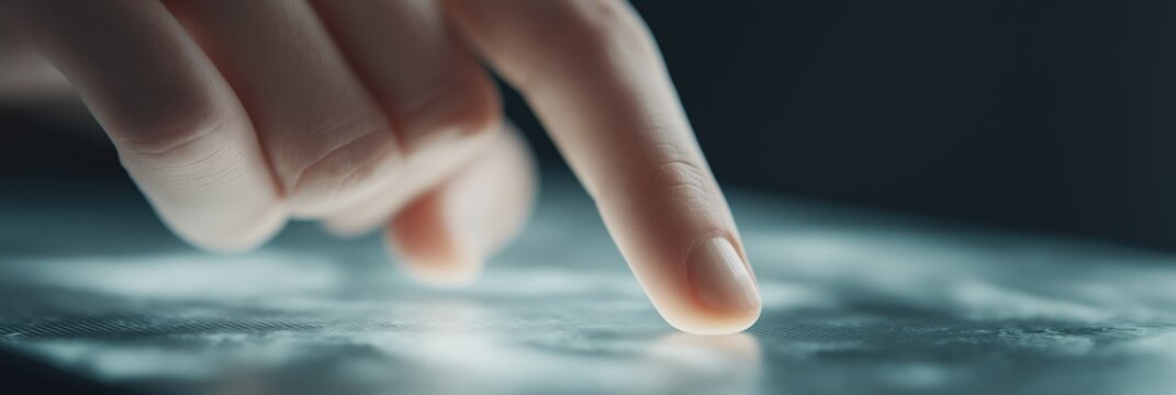 Finger swiping tablet displaying analytics dashboards and KPIs, triggering holographic graphs