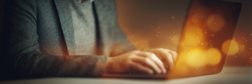 Person using laptop in dim workspace, glowing projection of marketing funnels and conversion rates