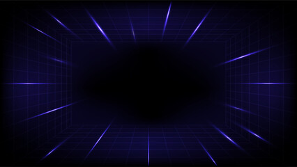 A futuristic or retro 80s style background with a deep blue glowing neon perspective grid extending into darkness, framed by bright light streaks