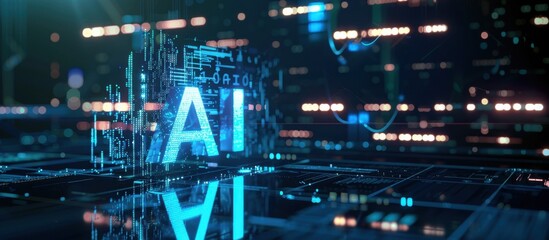 A glowing blue AI symbol is displayed on a digital interface with data streams and circuit patterns. The background features abstract technology elements.
