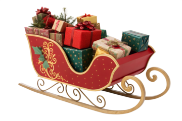 Festive Red Sleigh Loaded with Holiday Gifts and Presents