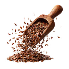 Wooden scoop spilling nutritious brown seeds, some scattered