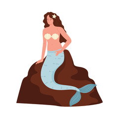 Cartoon mermaid with long hair and shell top sitting on a rock, Denmark theme, isolated vector illustration