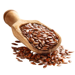 A wooden scoop overflowing with tiny brown flax seeds
