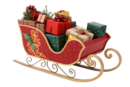 Festive Red Sleigh Loaded with Holiday Gifts and Presents