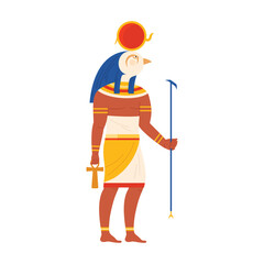 Colorful isolated depiction of Egyptian sun god Ra with ankh and staff on white vector illustration
