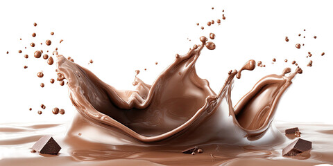 Chocolate splash with flying droplets and cube pieces