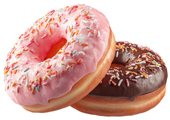 Two frosted donuts with sprinkles, one pink, one chocolate