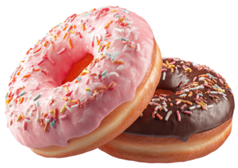Two frosted donuts with sprinkles, one pink, one chocolate