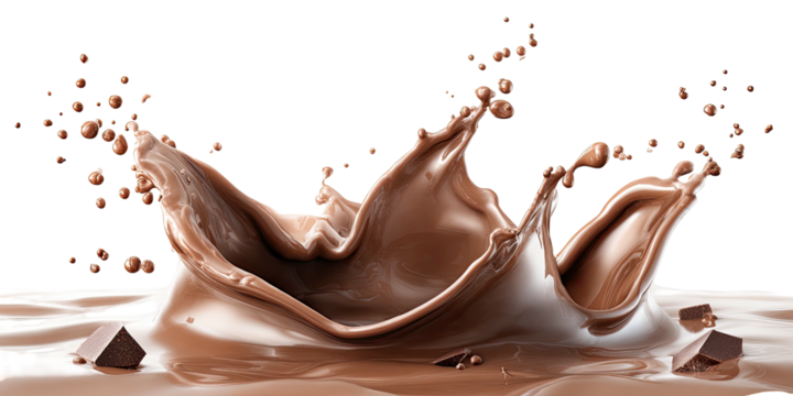 Chocolate splash with flying droplets and cube pieces