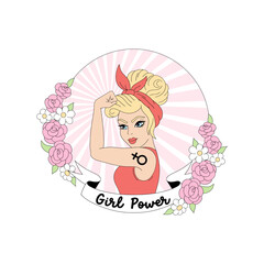 Young Blond Woman Showing Female Power Gesture Strong Feminism and Womens Rights Illustration for International Womens Day