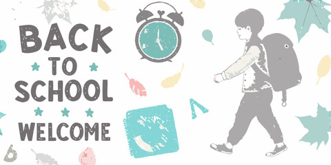Back to school welcome with boy carrying backpack and alarm clock illustration