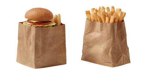 Burger and fries in brown paper bags