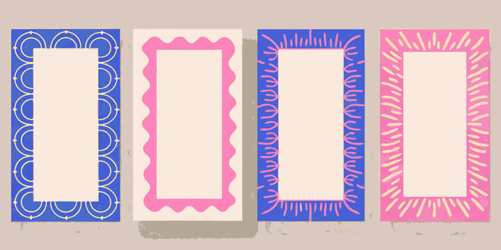 Four vertical decorative frames with unique colorful borders and blank space for text or images