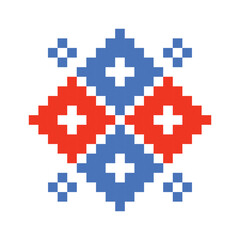 Obraz premium Traditional Finland inspired geometric pixel ornament in red and blue on isolated white background vector illustration