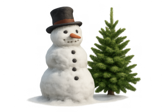 Snowman standing with a top hat, carrot nose, and coal buttons next to a festive green spruce tree, for winter holidays