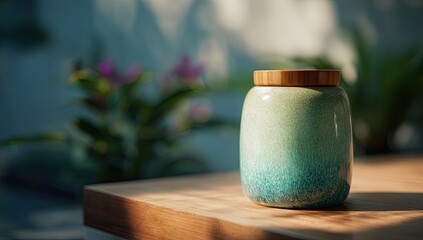 Teal Ceramic Jar on Wooden Surface with Plants in Background.