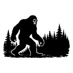 Fototapeta premium Mysterious bigfoot silhouette walking through a dark pine forest at twilight