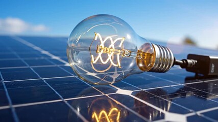 Solar panel with glowing light bulb demonstrating renewable energy concept