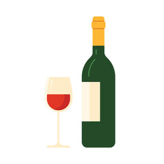 Minimal flat design of French wine bottle and glass on white isolated background vector illustration