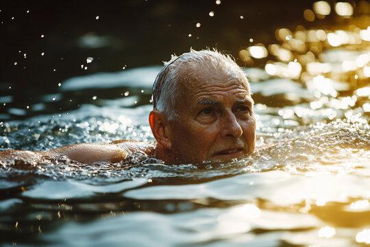 Generative AI image of mature man with gray hair swimming in natural water at sunset, enjoying active peaceful lifestyle - Powered by Adobe