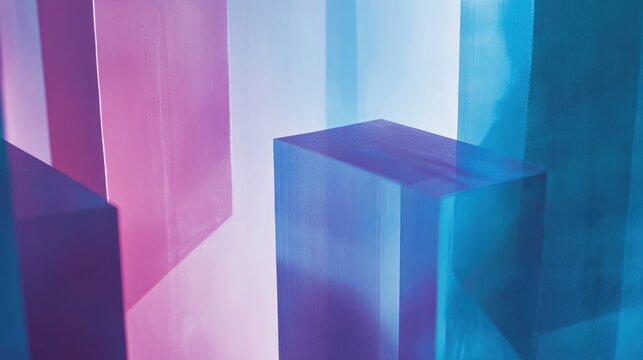 Abstract composition of translucent rectangular blocks in varying shades of blue and pink