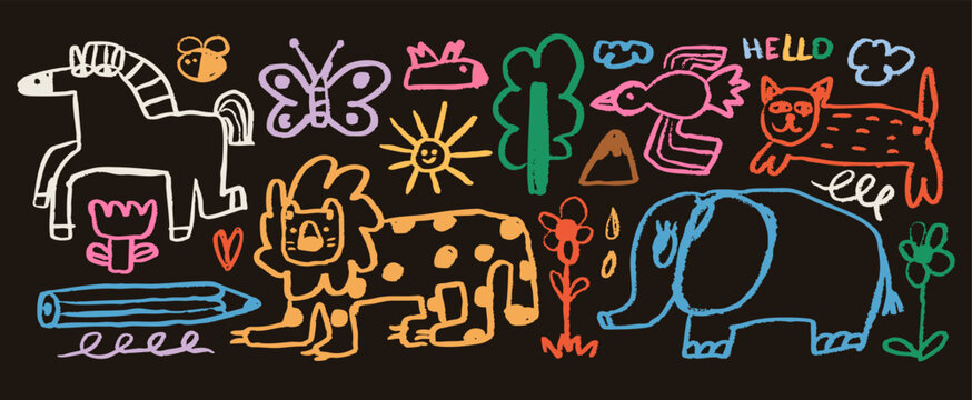 Various doodles, animals, tree, flowers, pencil. Colorful playful childish crayon style. Horse, butterfly, bird, elephant, cat, bee. Hand drawn trendy Vector illustration. Isolated design elements