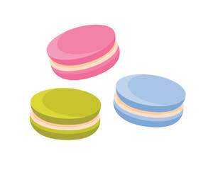 Three vibrant French macarons in pink, blue, and green on an isolated white background vector illustration