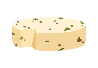 Round isolated British Stilton cheese wheel with wedge cut out on white background vector illustration